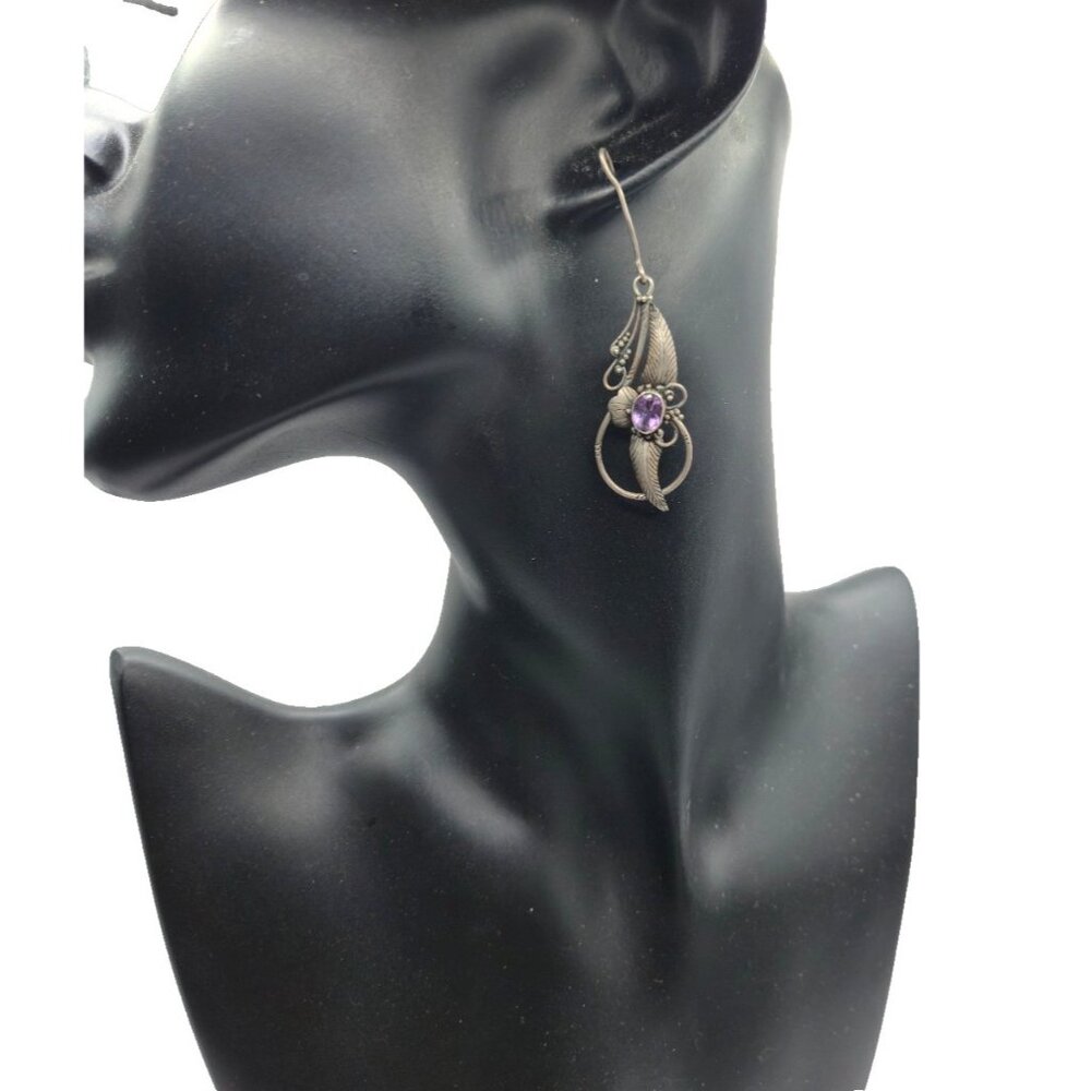 Vintage Sterling Silver Amethyst Drop Earrings Art Deco Leaf Floral Design